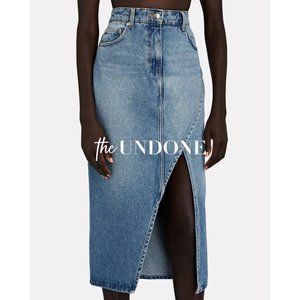 Distressed Washed Slit Denim Midi Skirt SIZE S